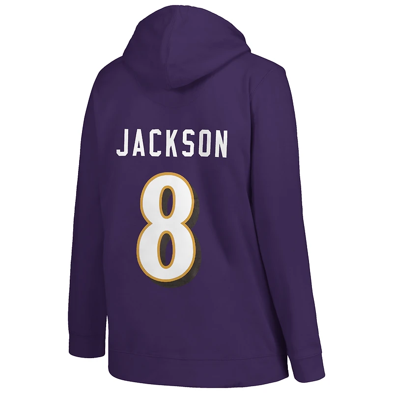 Profil pour femme Lamar Jackson Violet Baltimore Ravens Taille plus Nom et numéro du joueur Pull à capuche