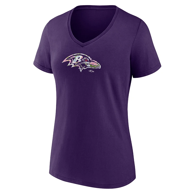 T-shirt violet à col en V et motif floral numéro 1 des Baltimore Ravens pour femme