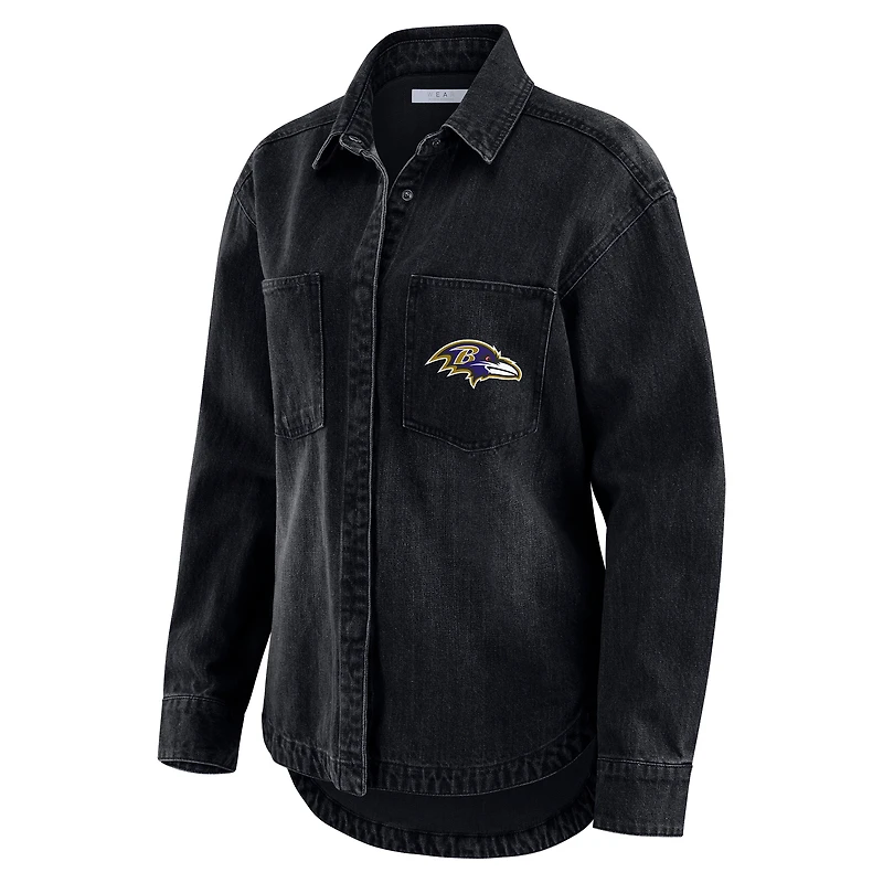Women's WEAR by Erin Andrews Black Baltimore Ravens Washed Oversized Denim Full-Snap Shacket