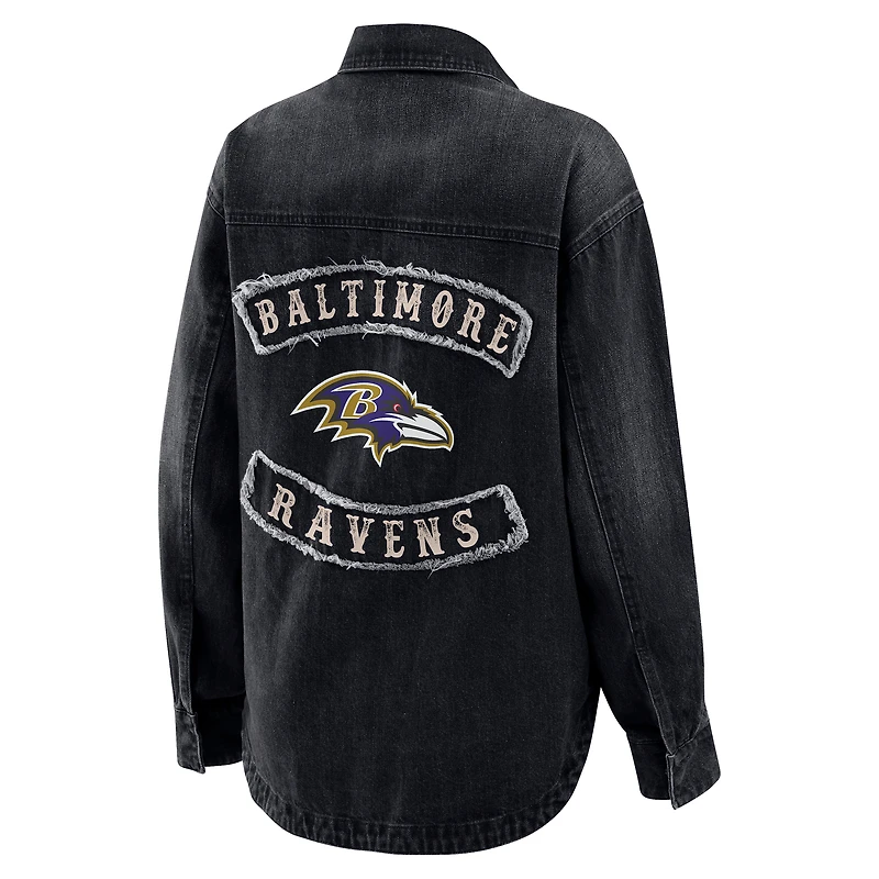 Women's WEAR by Erin Andrews Black Baltimore Ravens Washed Oversized Denim Full-Snap Shacket
