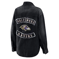 Women's WEAR by Erin Andrews Black Baltimore Ravens Washed Oversized Denim Full-Snap Shacket