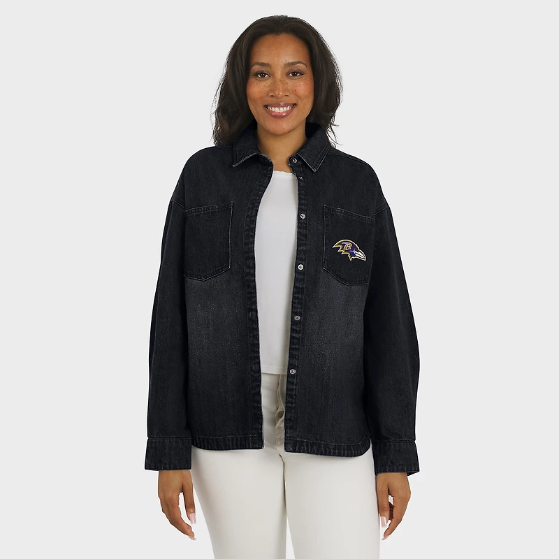 Women's WEAR by Erin Andrews Black Baltimore Ravens Washed Oversized Denim Full-Snap Shacket