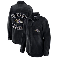 Women's WEAR by Erin Andrews Black Baltimore Ravens Washed Oversized Denim Full-Snap Shacket