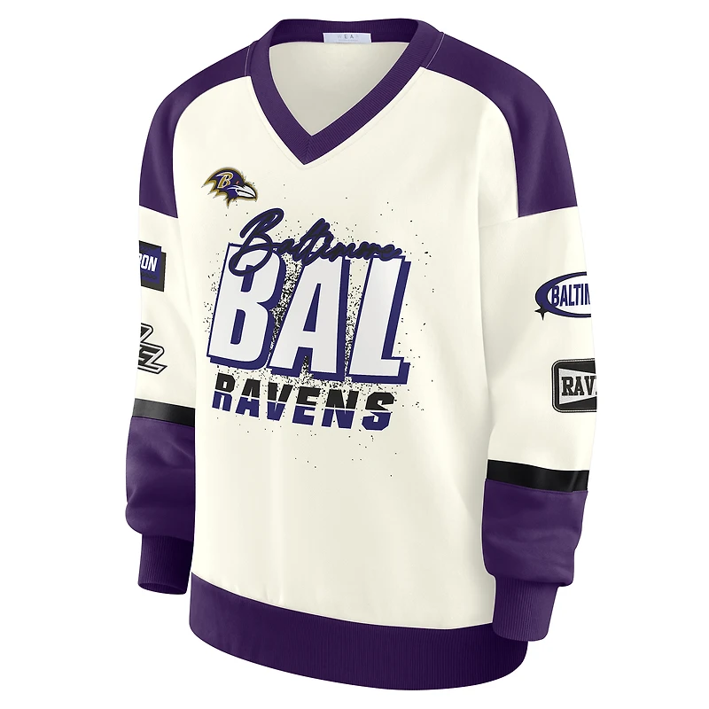 Sweat-shirt ras du cou à col en V crème WEAR by Erin Andrews pour femme, motif Baltimore Ravens Racing
