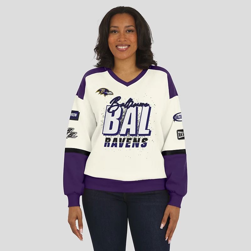 Women's WEAR by Erin Andrews  Cream Baltimore Ravens Racing Crew V-Neck Sweatshirt