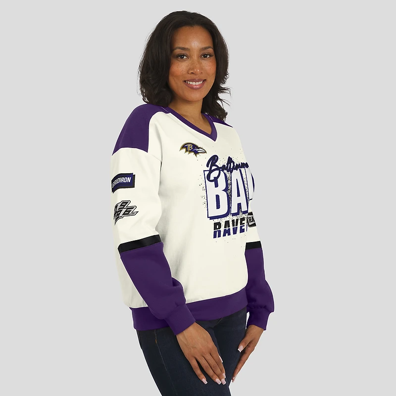 Sweat-shirt ras du cou à col en V crème WEAR by Erin Andrews pour femme, motif Baltimore Ravens Racing