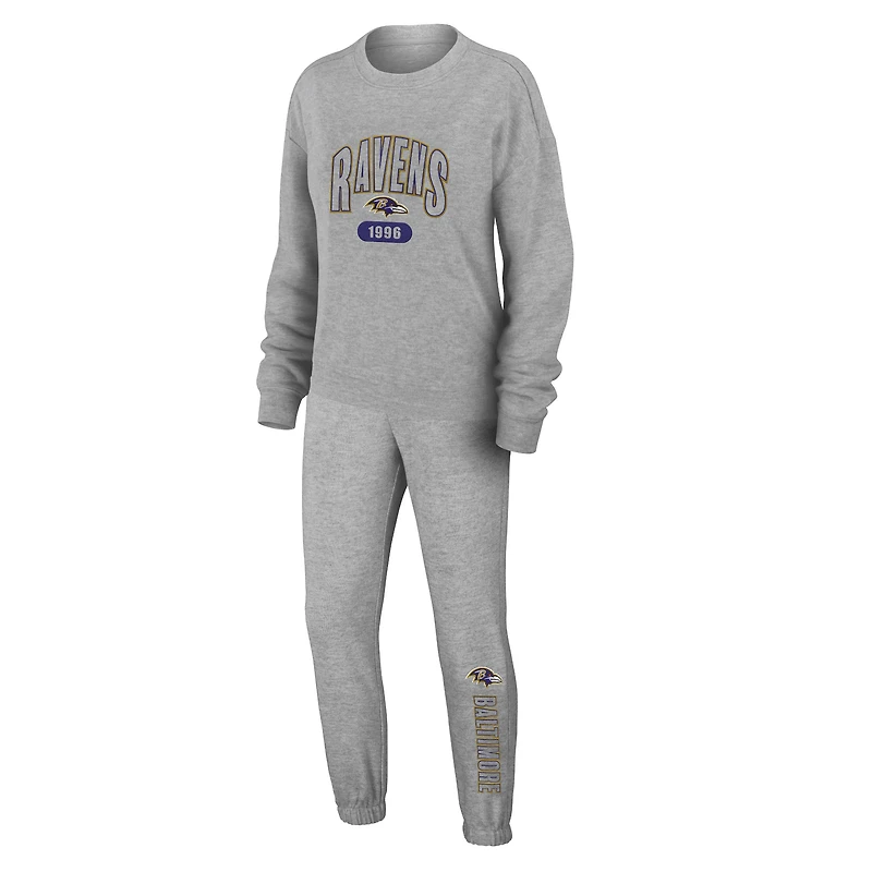 Women's WEAR by Erin Andrews Heather Gray Baltimore Ravens Plus Knitted Tri-Blend Long Sleeve T-Shirt & Pants Lounge Set