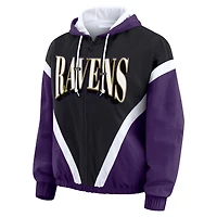 Sweat-shirt coupe-vent à capuche entièrement zippé et froissé violet/noir pour femme par Erin Andrews des Baltimore Ravens