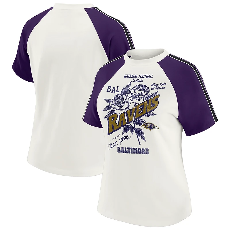T-shirt raglan blanc à rayures et manches vieillies pour femme WEAR by Erin Andrews des Ravens de Baltimore