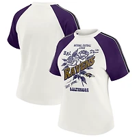 T-shirt raglan blanc à rayures et manches vieillies pour femme WEAR by Erin Andrews des Ravens de Baltimore