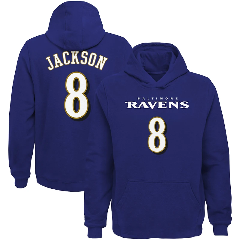 Sweat à capuche violet Lamar Jackson Baltimore Ravens Mainliner pour jeunes, avec nom et numéro du joueur.