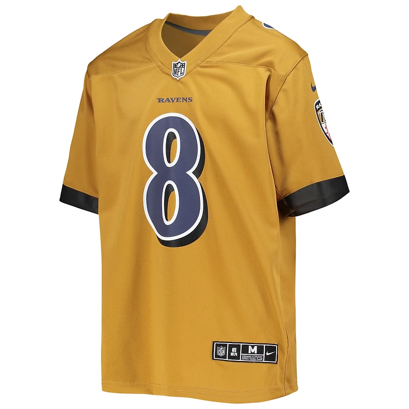 Maillot de jeu d'équipe inversé Nike Lamar Jackson doré pour jeunes Ravens Baltimore