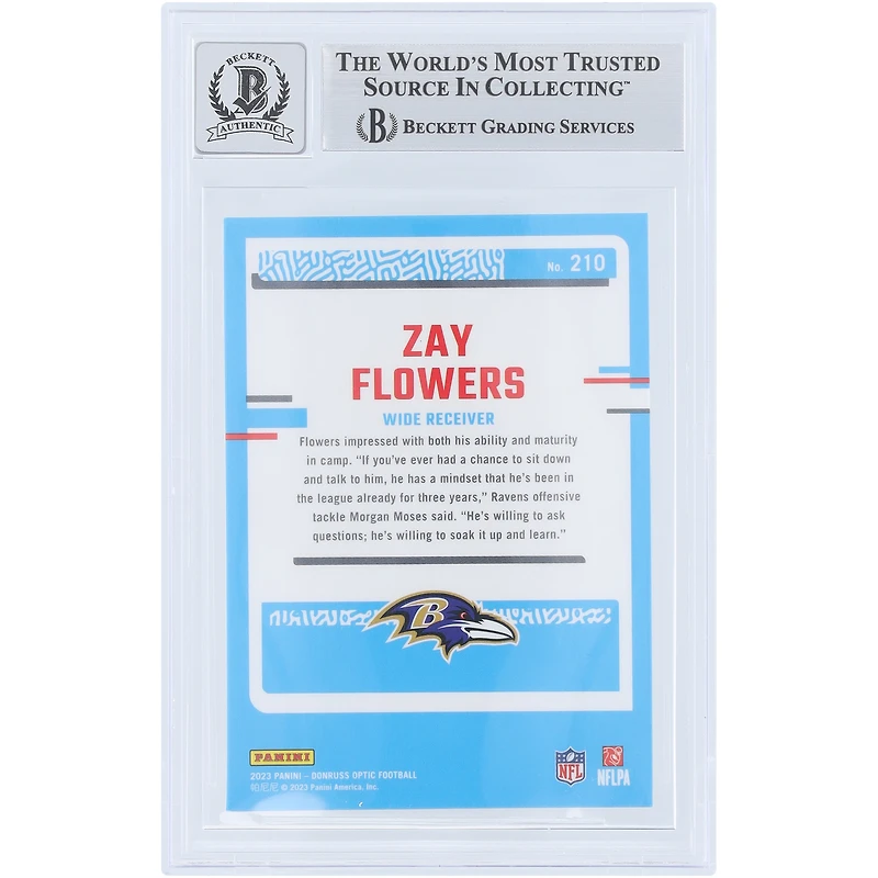 Zay Flowers Baltimore Ravens Autographié 2023 Panini Donruss Optic #210 Beckett Fanatics Witnessed Authenticated 10 Rookie Card