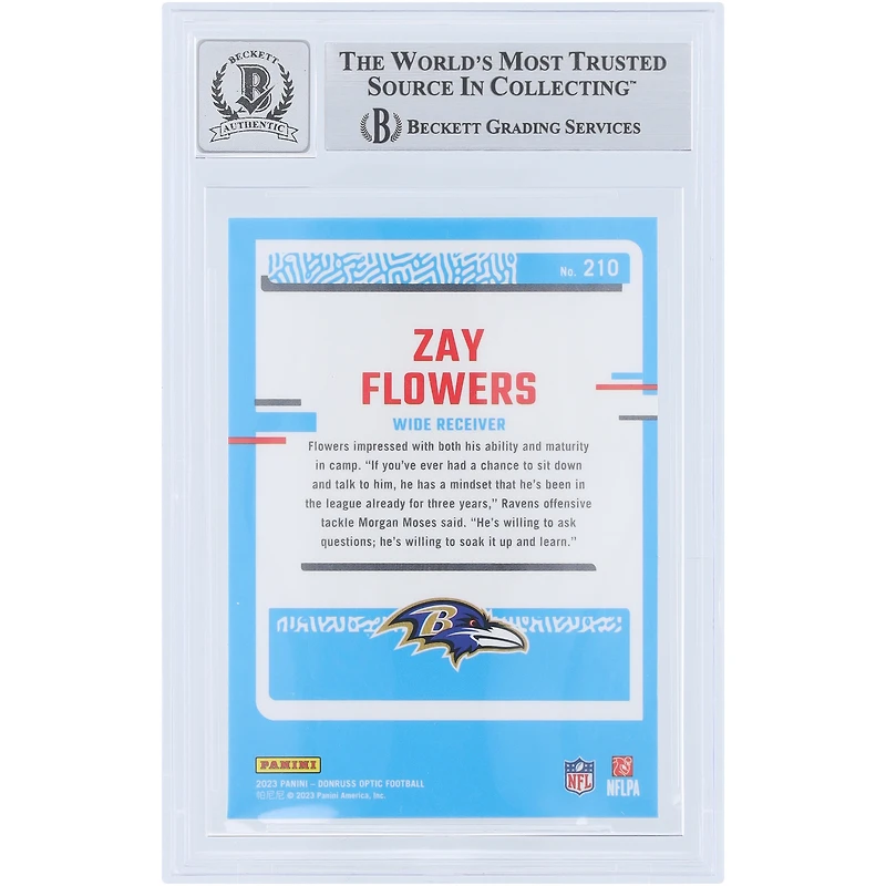 Carte de recrue Panini Donruss Optic n° 210 signée Zay Flowers Baltimore Ravens 2023, signée Beckett Fanatics, authentifiée 9/10