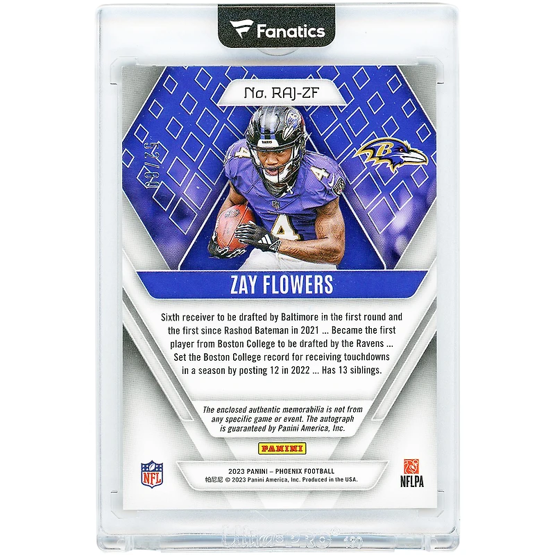 Carte de recrue autographiée de Zay Flowers (Baltimore Ravens) 2023 Panini Phoenix Relic Orange Prizm #RAJ-ZF #52/80