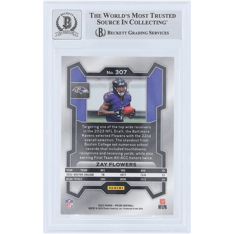Carte de recrue Panini Prizm n° 307 2023 autographiée par Zay Flowers des Baltimore Ravens, présentée par les fans de Beckett et authentifiée par 10 fans