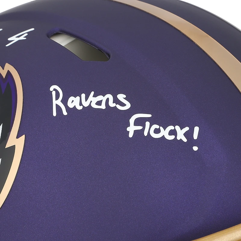 Casque Riddell Alternate Speed Authentic 2024 autographié par Zay Flowers des Ravens de Baltimore avec inscription « Ravens Flock »