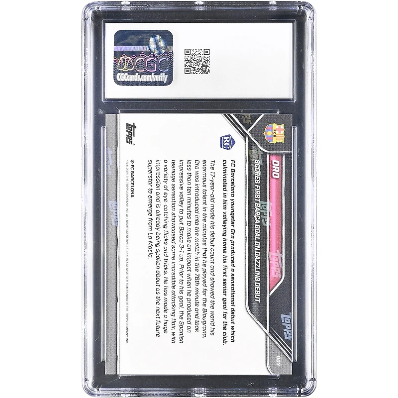 Carte de recrue n° 3 de Dro Fernández (Barcelone, Topps Now 2025) : Premier but du FC Barcelone pour des débuts étincelants. Authentifiée CGC 9.5.