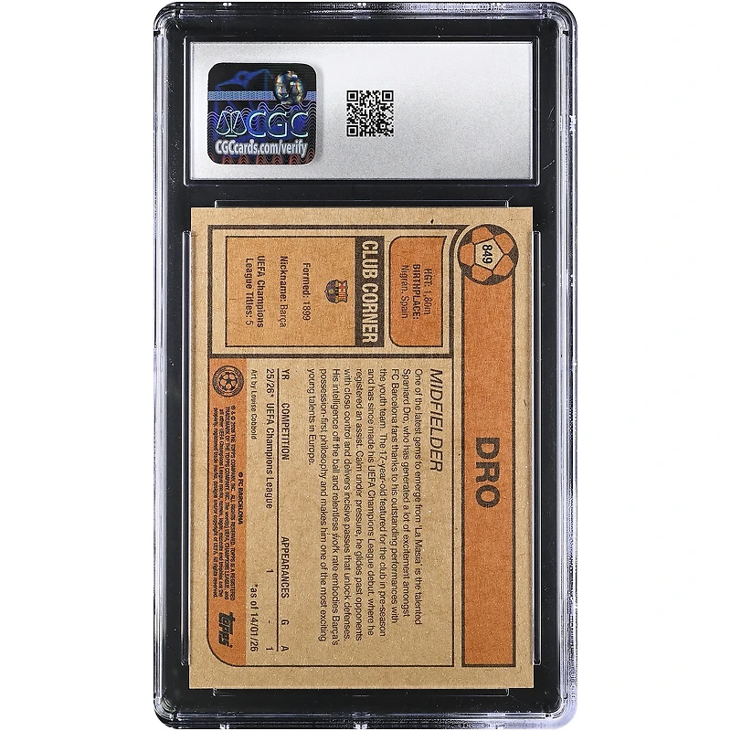 Dro Fernández Barcelona 2026 Topps Living Set UEFA CC #849 CGC Authenticated 10 Rookie Card