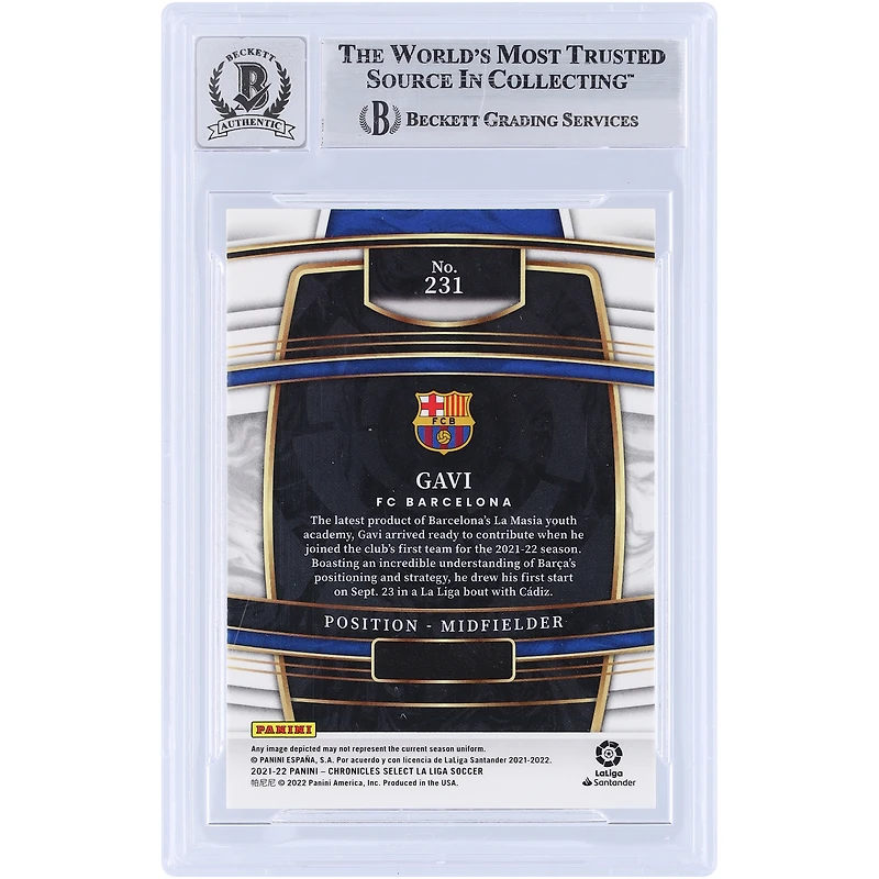 Carte Rookie Auto 10 Autographiée par Gavi Barcelona 2021-22 Panini Chronicles Select La Liga #231 Beckett Fanatics Witnessed Authenticated Auto 10 Rookie Card