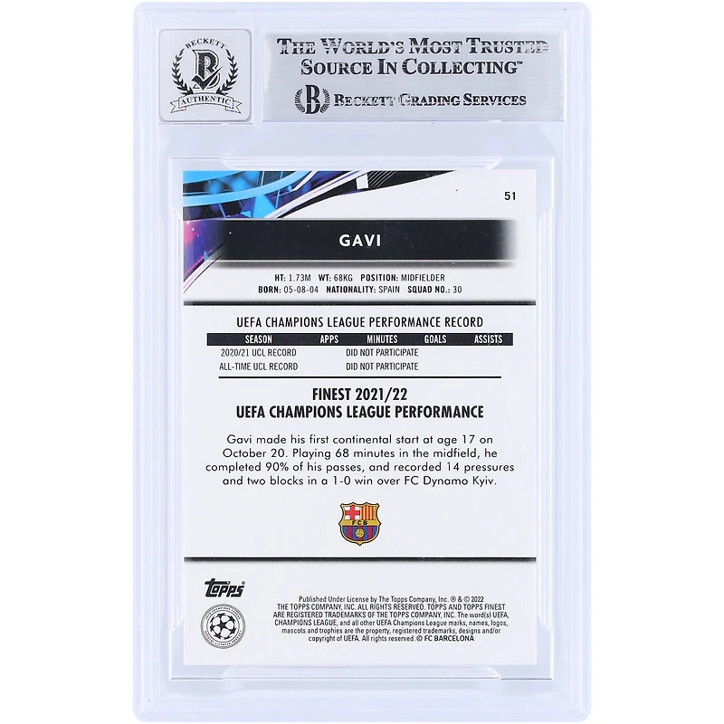 Gavi Barcelona Autographed 2021-22 Topps Finest UEFA #51 Beckett Fanatics Witnessed Authenticated Auto 10 Rookie Card 