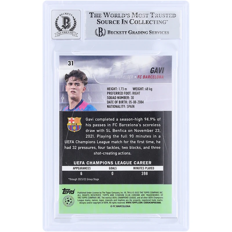 Gavi Barcelona Autographed 2021-22 Topps Stadium Club Chrome UEFA #31 Beckett Fanatics Witnessed Authenticated Auto 10 Rookie Card 