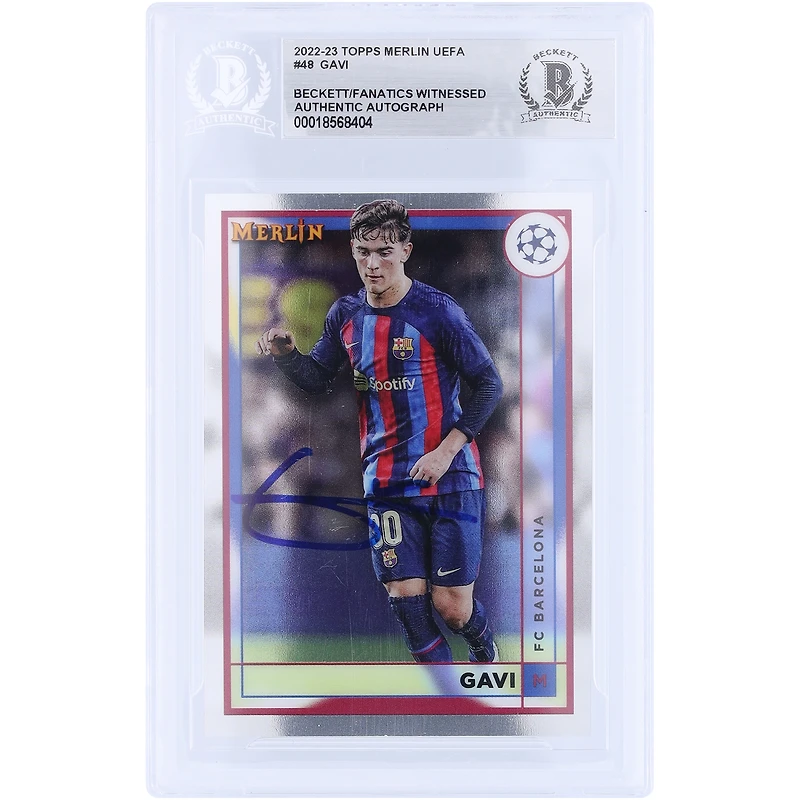 Carte authentifiée autographiée par Gavi Barcelona 2022-23 Topps Merlin UEFA #48 Beckett Fanatics Witnessed