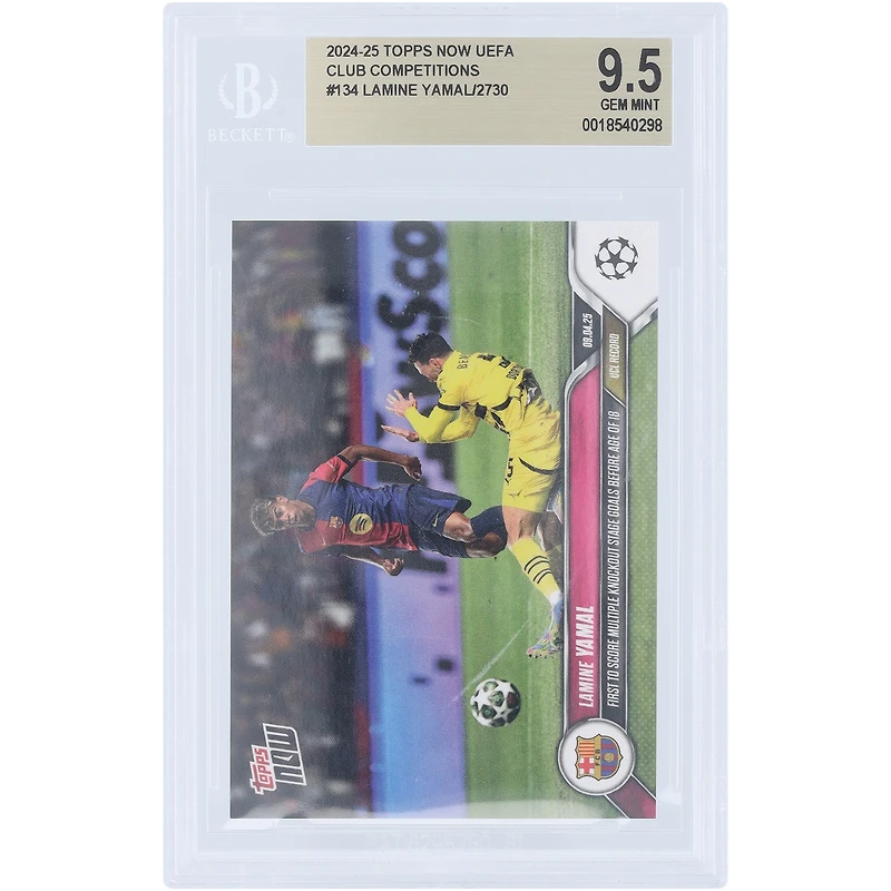 Lamine Yamal Barcelone 2024-25 Topps est désormais le premier à marquer plusieurs buts en phase à élimination directe avant l'âge de 18 ans #134 BGS Carte authentifiée 9.5