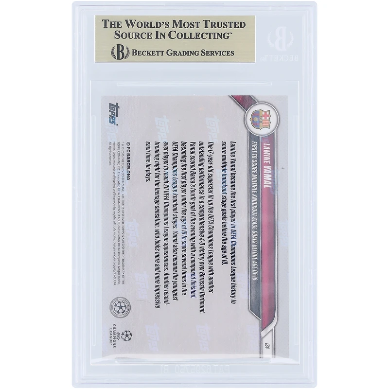 Lamine Yamal Barcelone 2024-25 Topps est désormais le premier à marquer plusieurs buts en phase à élimination directe avant l'âge de 18 ans #134 BGS Carte authentifiée 9.5
