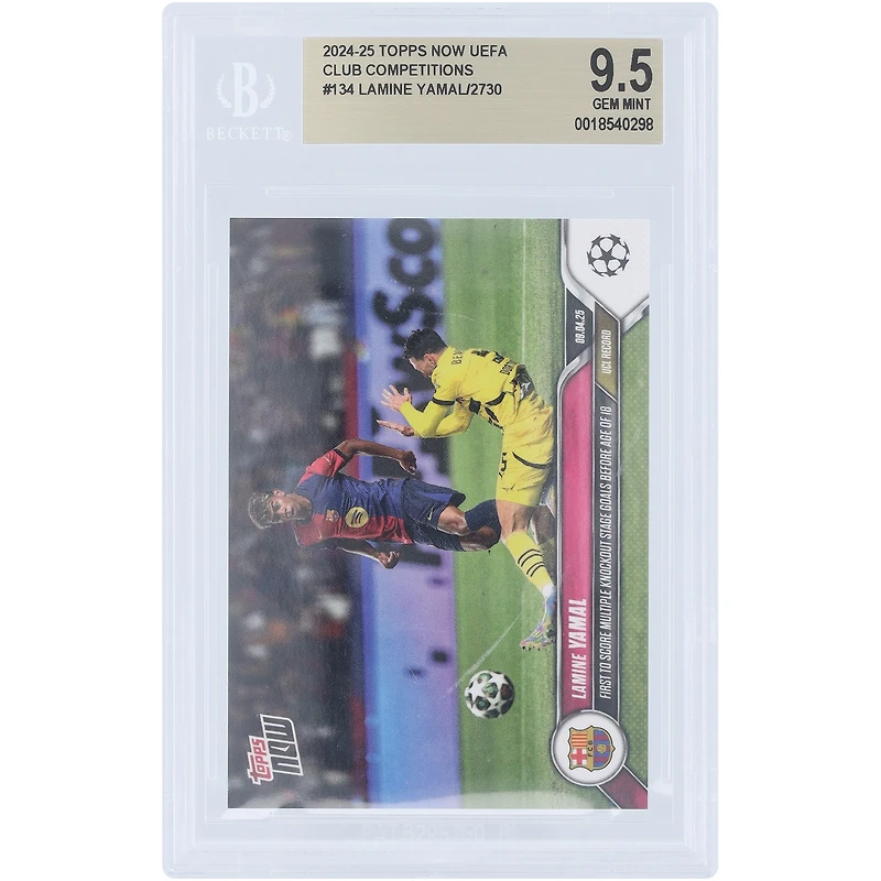 Lamine Yamal Barcelone 2024-25 Topps est désormais le premier à marquer plusieurs buts en phase à élimination directe avant l'âge de 18 ans #134 BGS Carte authentifiée 9.5