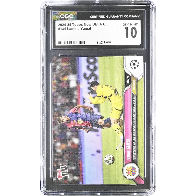Lamine Yamal Barcelone 2024-25 Topps Now UEFA CL Premier à marquer plusieurs buts en phase à élimination directe avant l'âge de 18 ans #134 Carte authentifiée CGC 10