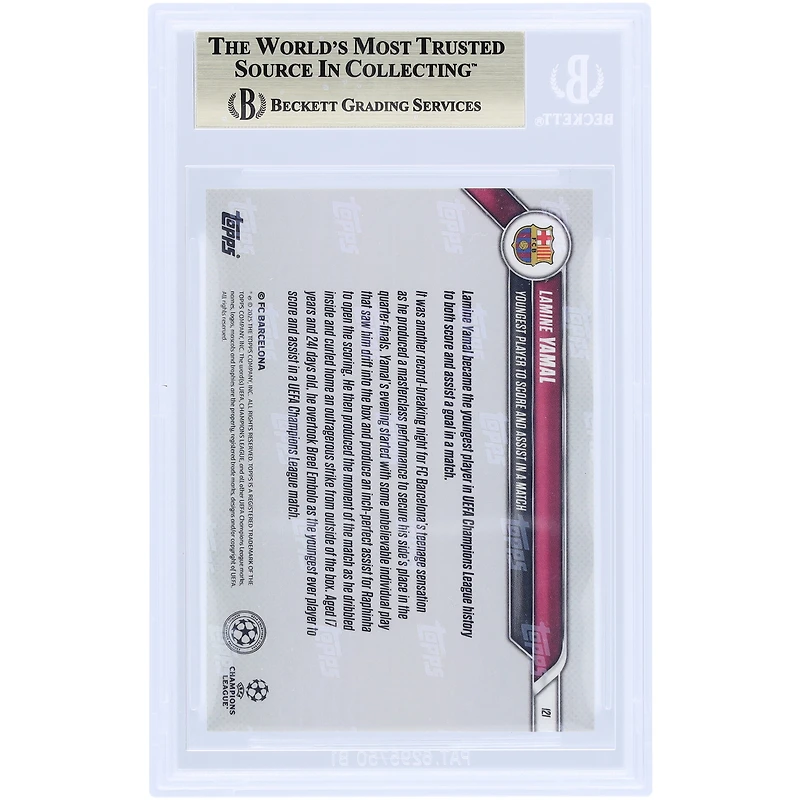Lamine Yamal, le joueur de Barcelone 2024-25 Topps, est désormais le plus jeune joueur à marquer et à faire une passe décisive lors d'un match. Carte 9,5 authentifiée BGS n° 121.