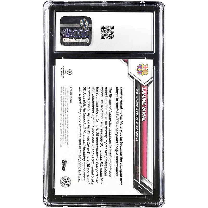 Lamine Yamal Barcelone 2025-26 Topps Now UEFA CL Plus jeune joueur à avoir disputé 25 matchs de Ligue des champions #33 Authentifié CGC 10