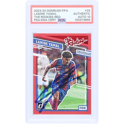Carte de recrue autographiée par Lamine Yamal Barcelone 2023-24 Panini Donruss FIFA The Rookies Rouge #25 PSA Authentifiée Auto 10