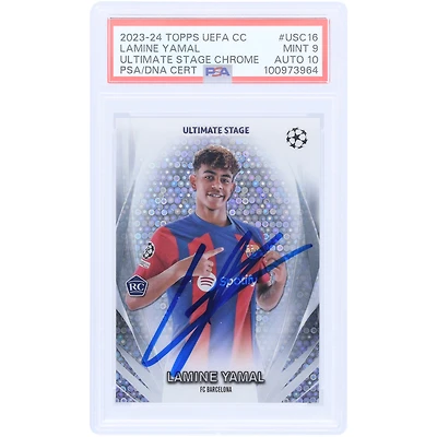 Carte Rookie 9/10 authentifiée PSA 2023-24 Topps Chrome UEFA Ultimate Stage #USC-16 signée par Lamine Yamal Barcelone