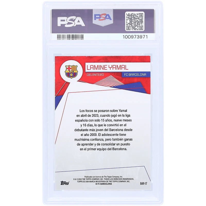 Lamine Yamal Barcelona 2023-24 Topps FCB Fan Set Purple #BAR-17 #/299 PSA Authenticated Auto 10 Rookie Card