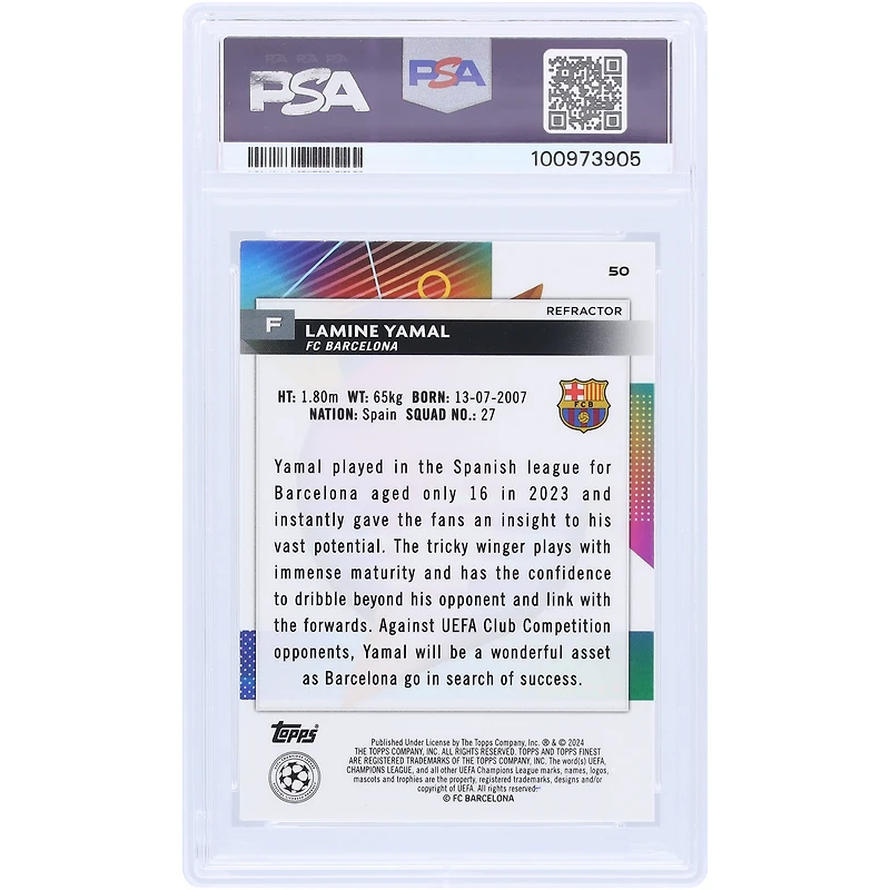 Carte recrue authentifiée 9/10 Topps Finest UCC Refractor #50 PSA 2023-24 signée par Lamine Yamal Barcelone