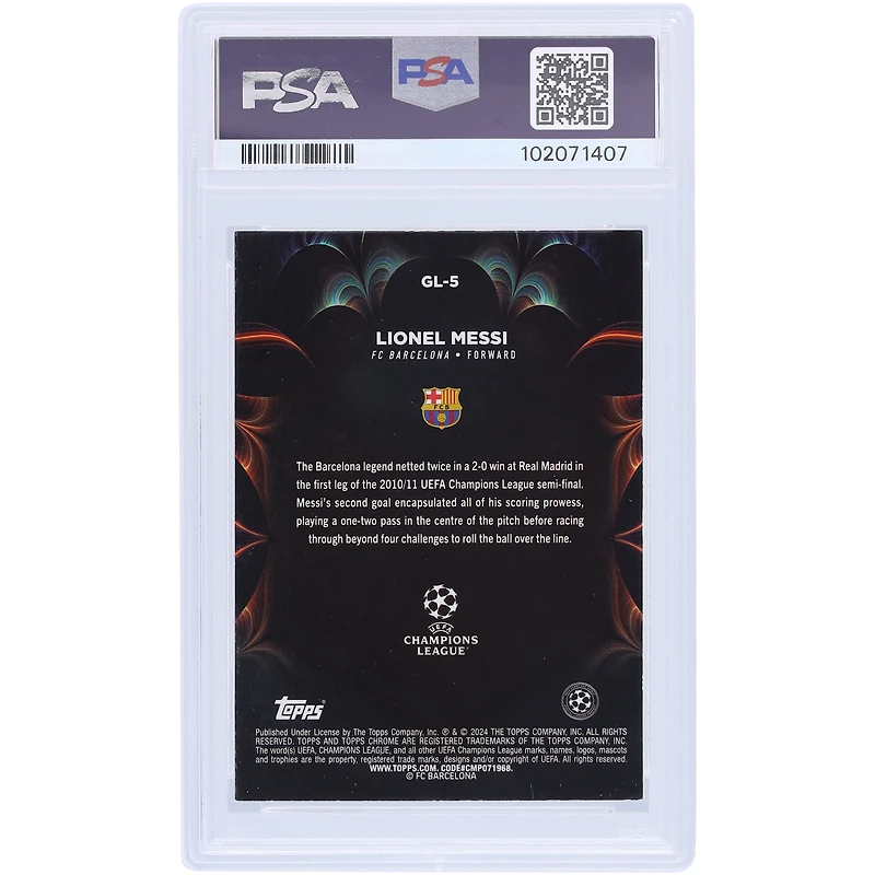 Carte authentifiée 9/10 PSA autographiée par Lionel Messi Barcelone 2023-24 Topps Chrome UCC Golazo #GL-5