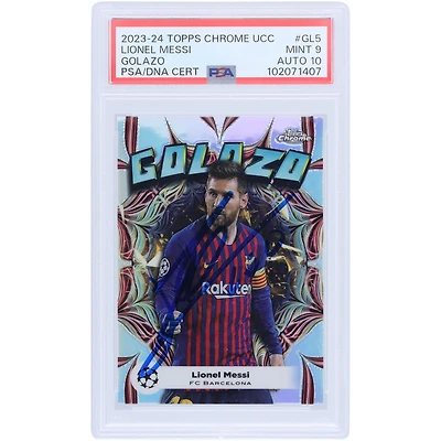 Carte authentifiée 9/10 PSA autographiée par Lionel Messi Barcelone 2023-24 Topps Chrome UCC Golazo #GL-5