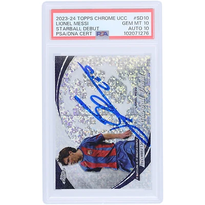 Lionel Messi Barcelone 2023-24 Topps Chrome UCC Starball Debut #SD-10 PSA Authentifié 10/10 Carte autographiée