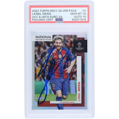 Carte PSA authentifiée 10/10 signée Lionel Messi Barcelone Topps Chrome National Convention UEFA #SC-2 2024