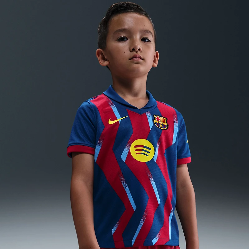 Ensemble de maillot Nike bleu/rouge du FC Barcelone 2025/26 pour enfants d'âge préscolaire (quatrième stade)