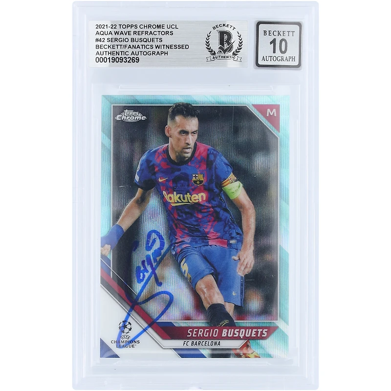 Sergio Busquets Barcelona Autographed 2021-22 Topps Chrome UEFA CL Aqua Wave Refractor #42 #/199 Beckett Fanatics Witnessed Authenticated 10 Card