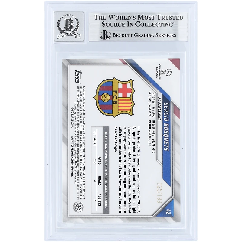 Sergio Busquets Barcelona Autographed 2021-22 Topps Chrome UEFA CL Aqua Wave Refractor #42 #/199 Beckett Fanatics Witnessed Authenticated 10 Card