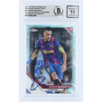 Sergio Busquets Barcelona Autographed 2021-22 Topps Chrome UEFA CL Aqua Wave Refractor #42 #/199 Beckett Fanatics Witnessed Authenticated 10 Card