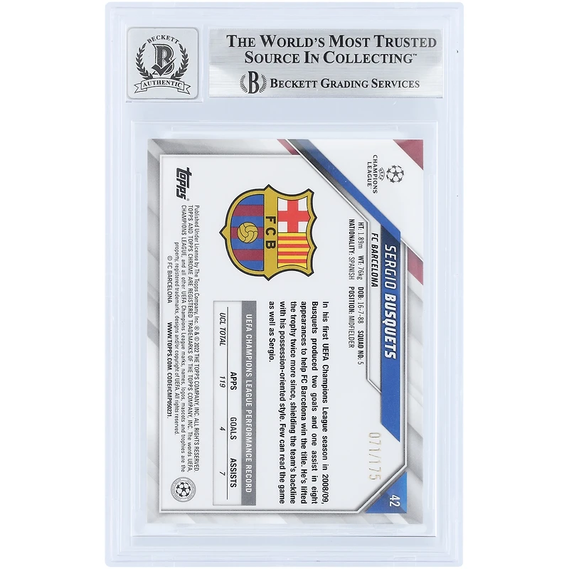 Sergio Busquets Barcelona Autographed 2021-22 Topps Chrome UEFA CL Pink Mini Diamond Refractor #42 #/175 Beckett Fanatics Witnessed Authenticated 9/10 Card