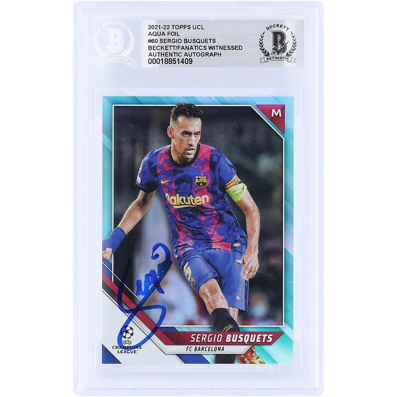 Sergio Busquets Barcelona Autographed 2021-22 Topps UCL Aqua Foil #60 #/299 Beckett Fanatics Witnessed Authenticated Card