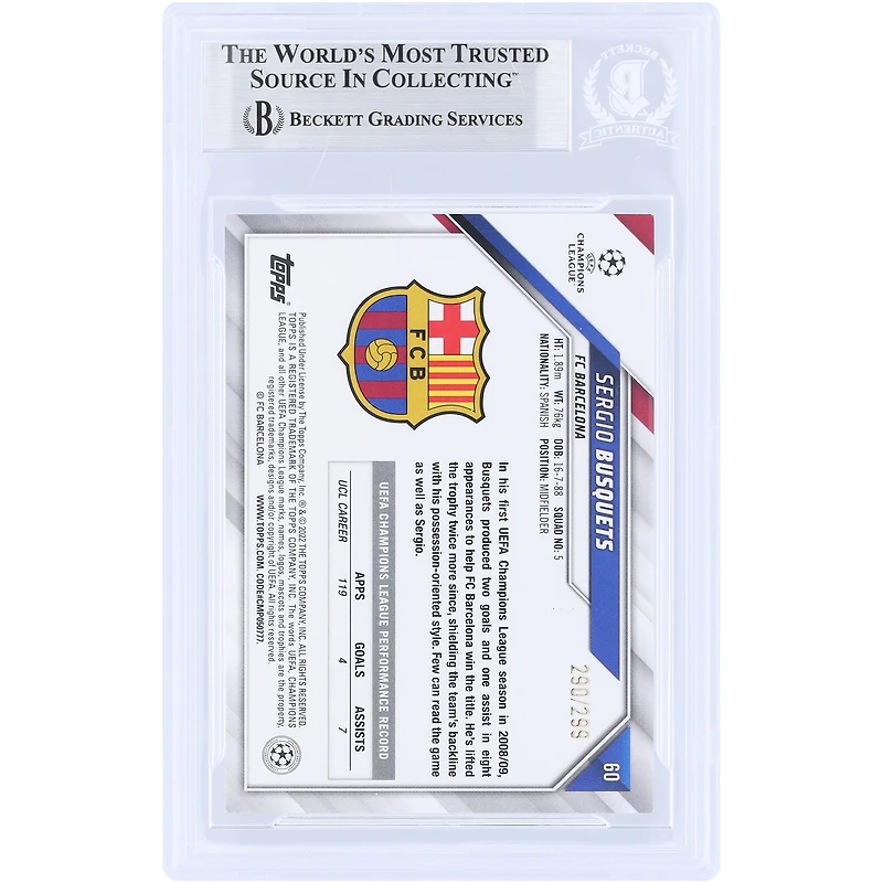 Sergio Busquets Barcelona Autographed 2021-22 Topps UCL Aqua Foil #60 #/299 Beckett Fanatics Witnessed Authenticated Card