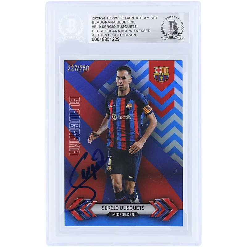 Sergio Busquets Barcelona Autographed 2023-24 Topps FC Barca Team Set Blaugrana Blue Foil #BL-9 #/250 Beckett Fanatics Witnessed Authenticated Card