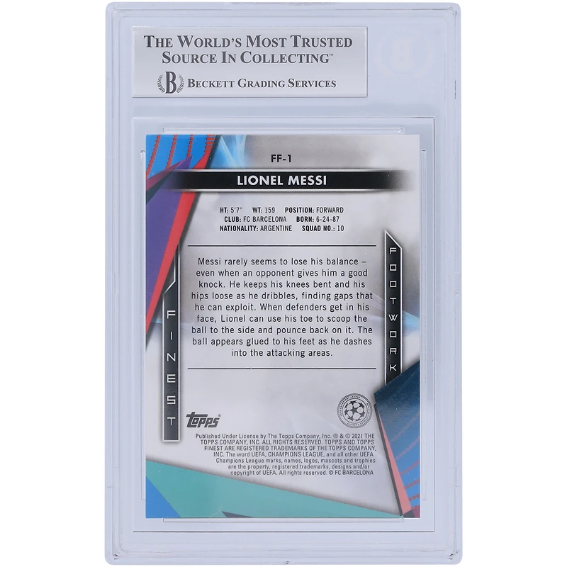 Topps Lionel Messi Barcelona Autographed 2020-21 Topps Finest UCL Finest Footwork #FF-1 BAS Authenticated Card